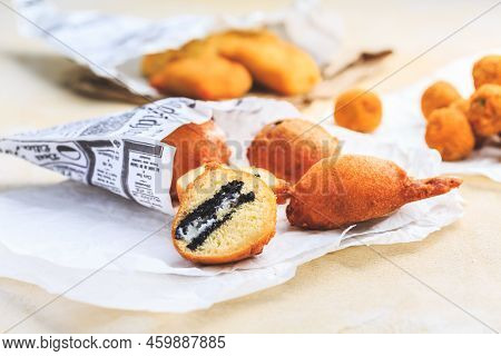 Finger Food And Street Food - Fried Curd Balls Filled With Oreo Cookies