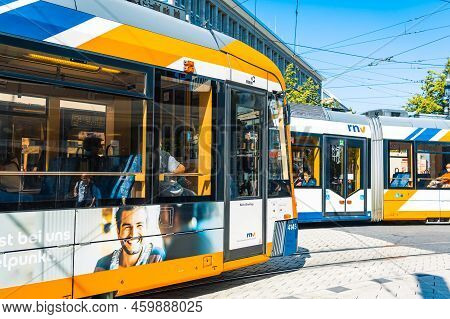 Mannheim, Germany - June 10, 2022:  Colorful Trams In Mannheim City, Shopping Center Without  Cars, 