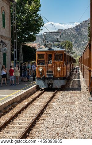 Soller, Mallorca, Spain - Jul 07,2022. Historic Electrical Vintage Wooden Train (1912 Opened Line) F