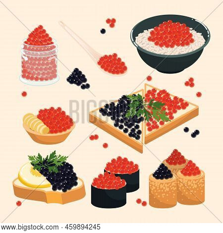 Dishes With Red And Black Caviar Cartoon Illustration Set. Delicious Roe On Spoon, Buttered Bread, S