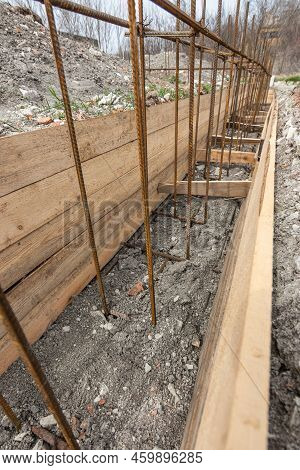 Close-up Of The Reinforcement Of A Shallowly Buried Strip Foundation Of A Low-rise Residential Build