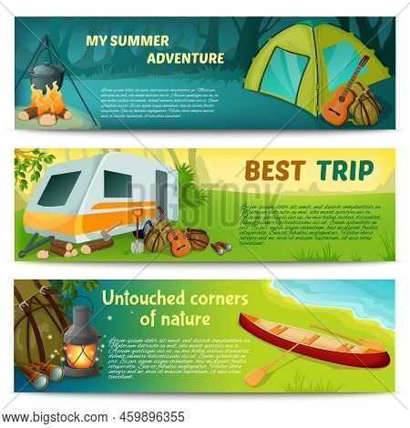 Camping Horizontal Banners Set With Summer Adventure Best Trip Virginal Corners Of Nature Isolated V