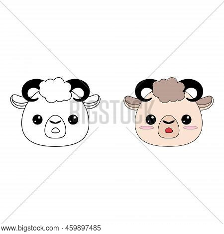 The Head Of A Cartoon Animal. Lamb's Head. Contour Drawing.  Cute Cartoon Sheep. Educational Colorin