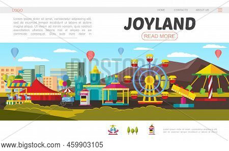 Flat Amusement Park Landing Page Concept With Ferris Wheel Castle Food Cart Ticket Booth Hot Air Bal