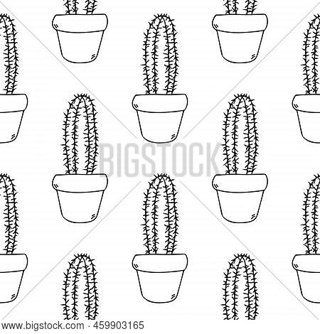 Cactus Seamless Pattern Vector Line Art. Cute Black Succulent In Pot Illustration. Mexican House Cac