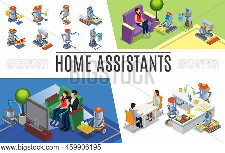 Isometric Robotic Home Assistants Collection With Robots Cleaning Repairing House Cooking Watering P