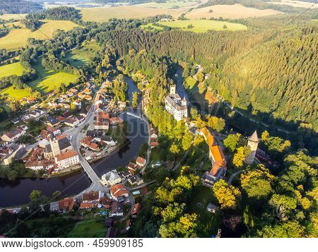 Rozmberk Castle Above Vltava River, Rozmberk Nad Vltavou, Czech Republic . Aerial View From Drone.