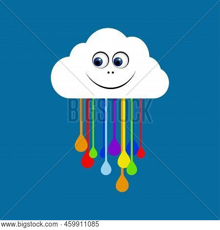Rain Cloud With Raindrops In Rainbow Colors. Design For Children's Playroom.