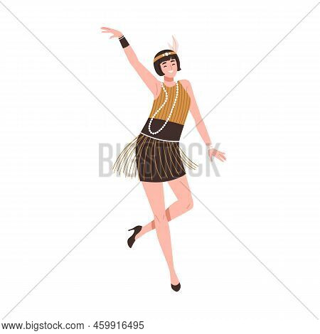 Girl Dancer From 1920s Broadway Party. Happy Woman Dancing To Music In Retro-styled 20s Fashion Frin