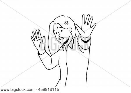 Scared Young Woman Make Stop Hand Gesture Feeling Danger Or Confusion. Unhappy Female Feel Panic Att