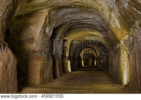 Air Raid Shelter Of World War Ii, Old Tunnel Dug Into The Tufa Rock Where People Took Refuge During 