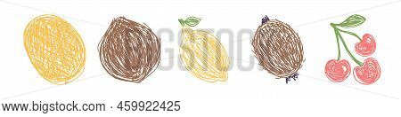 Melon, Coconut, Lemon, Kiwi And Cherry. Fruit Sketch Set. Hand Drawn Vector Illustration. Pen Or Mar