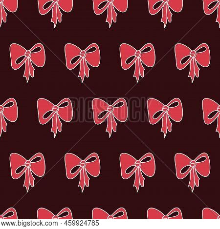 Red Maroon Seamless Pattern With Bow For Textile And Packaging Design. Little Pretty Bow Girl Illust