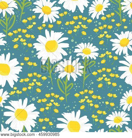 Seamless Pattern With White Daisies And Yellow Buttercups On A Greenish Background