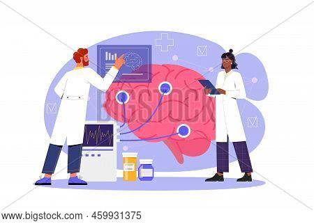 Doctor Neurologist Concept. Young Male And Female Therapists Or Scientists Study Brain Impulses. Ele