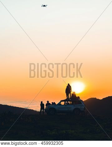 Group Of Travelers Content Creators Stand By 4wd Vehicle Together Outdoors In Nature Adventure Watch