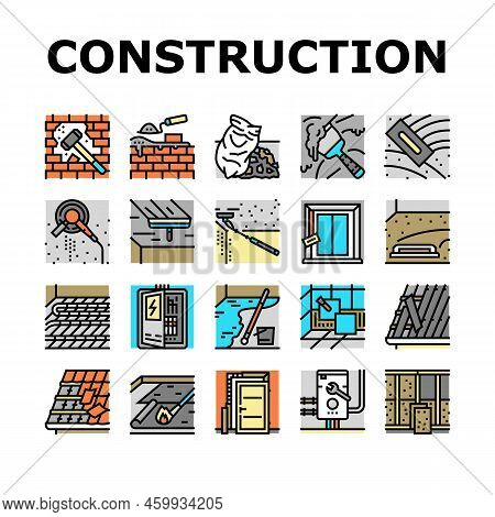 Construction Crane House Work Icons Set Vector. Building Industry, Civil Architecture, Build Worker 