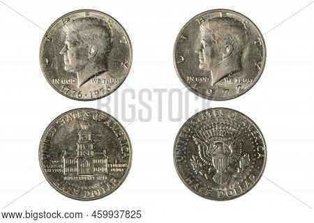 Close Up View Of Front And Back Side Of Half Usa Dollar Coins Different Years Of Issue Isolated On W