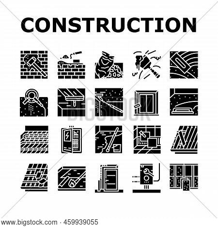 Construction Crane House Work Icons Set Vector. Building Industry, Civil Architecture, Build Worker 