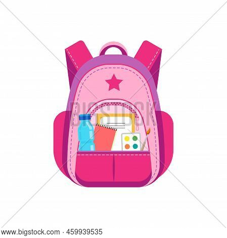 Pupil Schoolbag With Stationery In Pocket Isolated Backpack. Vector Pink Bag Back To School Symbol. 