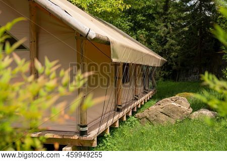 Glamping Tent In The Forest. Luxury Tent. Nature Green Tourism. Glamping Tent Set In Woodlands.  Lux
