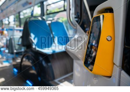 Contactless Travel Payment By Credit Card. Transport Pos-terminal. Payment For Travel In Transport. 