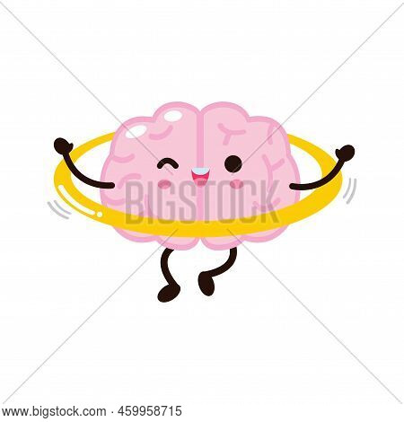 Cute Funny Human Brain Character Playing Hulahoop, Vector Illustration Kawaii Icon Design Isolated O