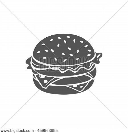 Cheeseburger Fastfood Snack Isolated Hamburger Monochrome Icon In Black And White. Vector Burger Wit