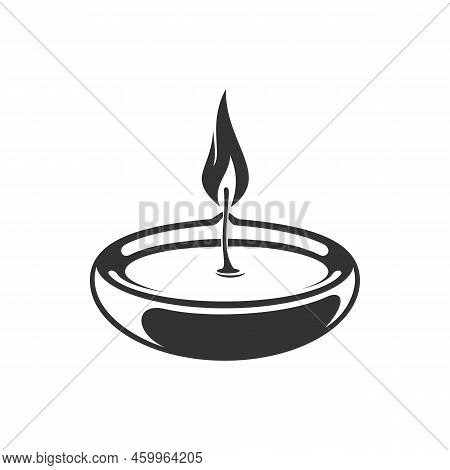 Diwali Oil Lamp Isolated Monochrome Icon. Vector Round Burning Candle, Deepavali Flame