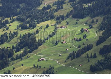 Green Meadow, Forest And Houses In Gsteig Bei Gstaad.