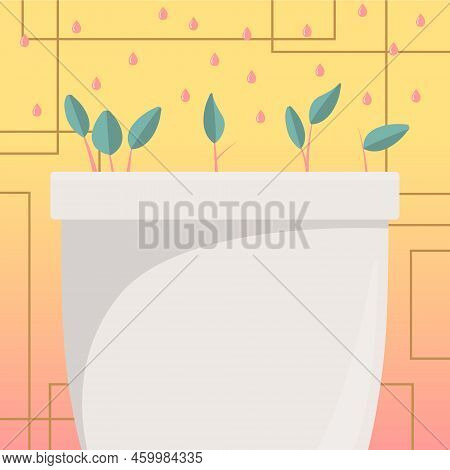 Flower Vase With Herbs Watered By Drops From Top. Liquid Being Poured Over Large Plant Pot. Fresh Gr