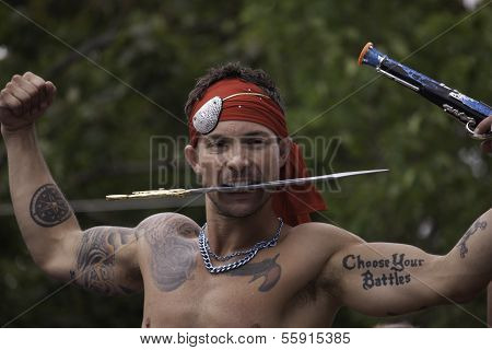 Man dressed as pirate in Provincetown Carnival Parade