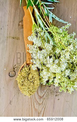 Herbal Tea From Meadowsweet In Spoon On Board