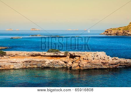 Beautiful Island And Turquoise Waters In Cala Conta, Ibiza Spain