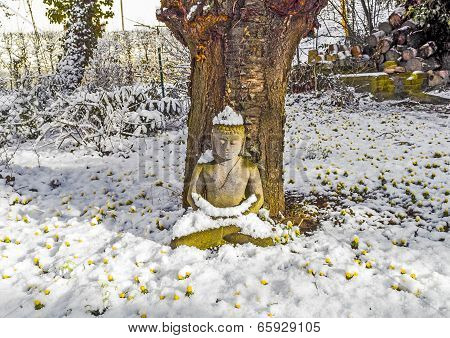 Buddha Statue Meditation In Winter And Snow