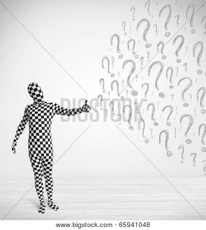 3d human character is body suit morphsuit looking at hand drawn question marks