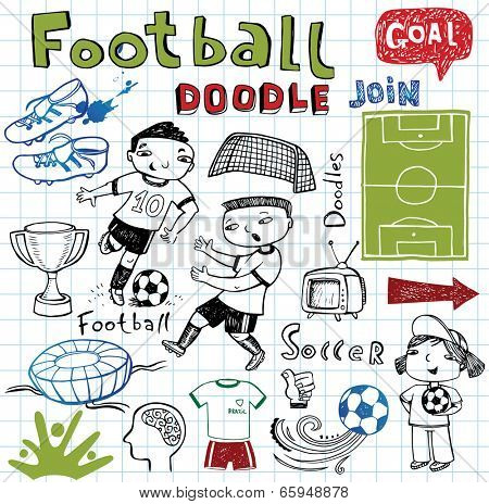 Vector soccer icon set on white in doodle style. 