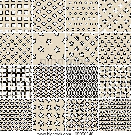 Basic Doodle Seamless Pattern Set No.9 In Black And White