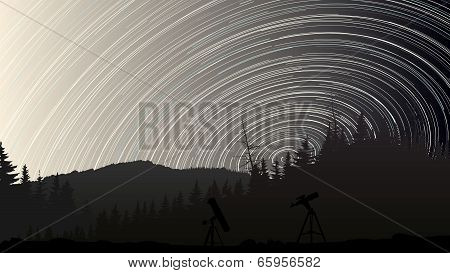 Illustration Of Stars Trace Circles On The Sky Over The Forest.