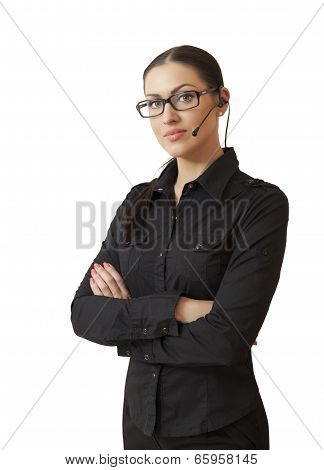 Beautiful Business Woman Operator In Headsets. Isolated