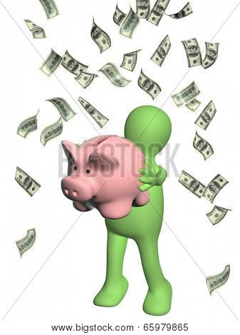 Happy puppet with piggy bank and banknotes of dollars. Isolated on white background