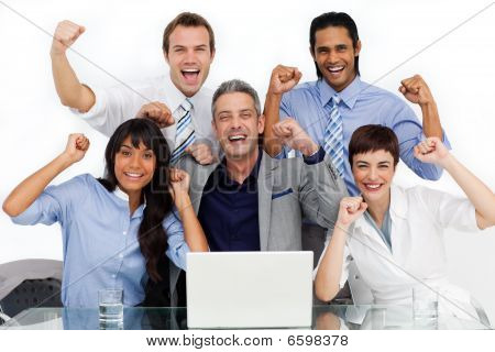 Fortunate Business Team Punching The Air In Celebration