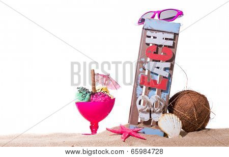 Gourmet tropical icecream dessert served alongside a sunny summer beach in an elegant dish