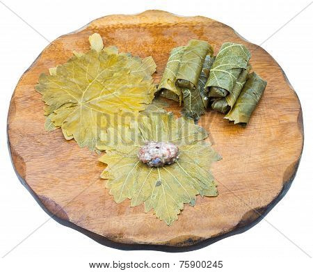 Cooking Of Dolma From Vine Leaves And Mince