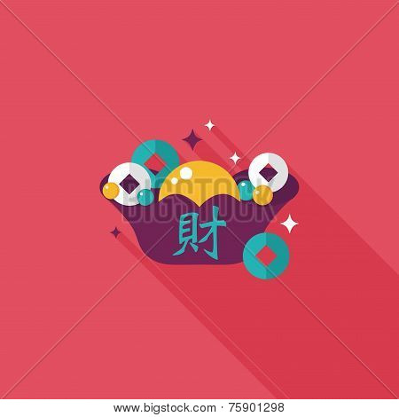 Chinese New Year Flat Icon With Long Shadow,eps10, Gold Ingot With Chinese Words Means 