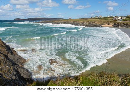 Waves on surfing beach Treyarnon Bay Cornwall England UK Cornish north coast