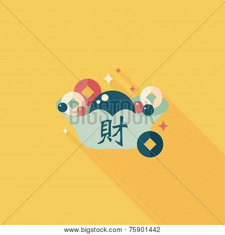 Chinese New Year Flat Icon With Long Shadow,eps10, Gold Ingot With Chinese Words Means 