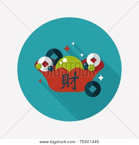 Chinese New Year Flat Icon With Long Shadow,eps10, Gold Ingot With Chinese Words Means 