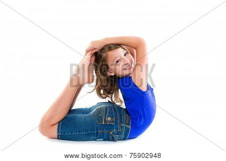 Flexible contortionist kid girl playing happy on white background