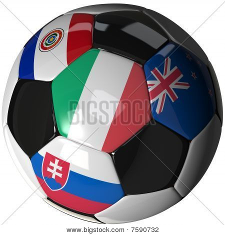 Balón de fútbol sobre blanco con 4 banderas - Grupo F 2010